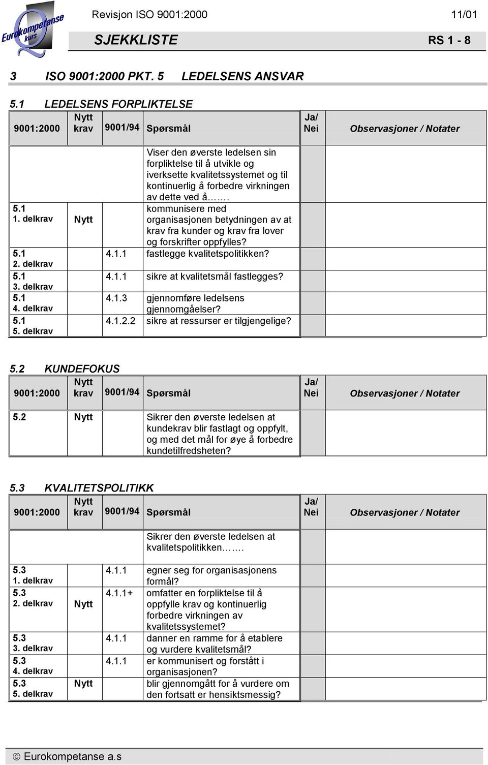 kommunisere med organisasjonen betydningen av at krav fra kunder og krav fra lover og forskrifter oppfylles? 4.1.1 fastlegge kvalitetspolitikken? 4.1.1 sikre at kvalitetsmål fastlegges? 4.1.3 gjennomføre ledelsens gjennomgåelser?