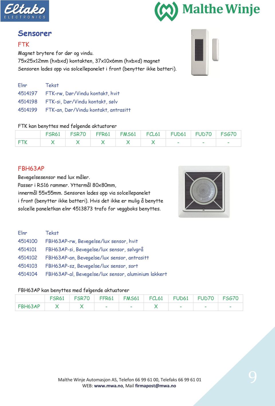 FUD61 FUD70 FSG70 FTK X X X X X - - - FBH63AP Bevegelsesensor med lux måler. Passer i RS16 rammer. Yttermål 80x80mm, innermål 55x55mm.