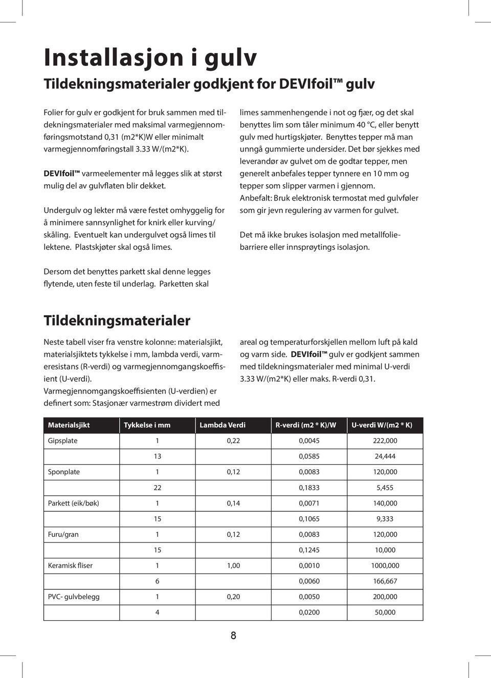 Undergulv og lekter må være festet omhyggelig for å minimere sannsynlighet for knirk eller kurving/ skåling. Eventuelt kan undergulvet også limes til lektene. Plastskjøter skal også limes.