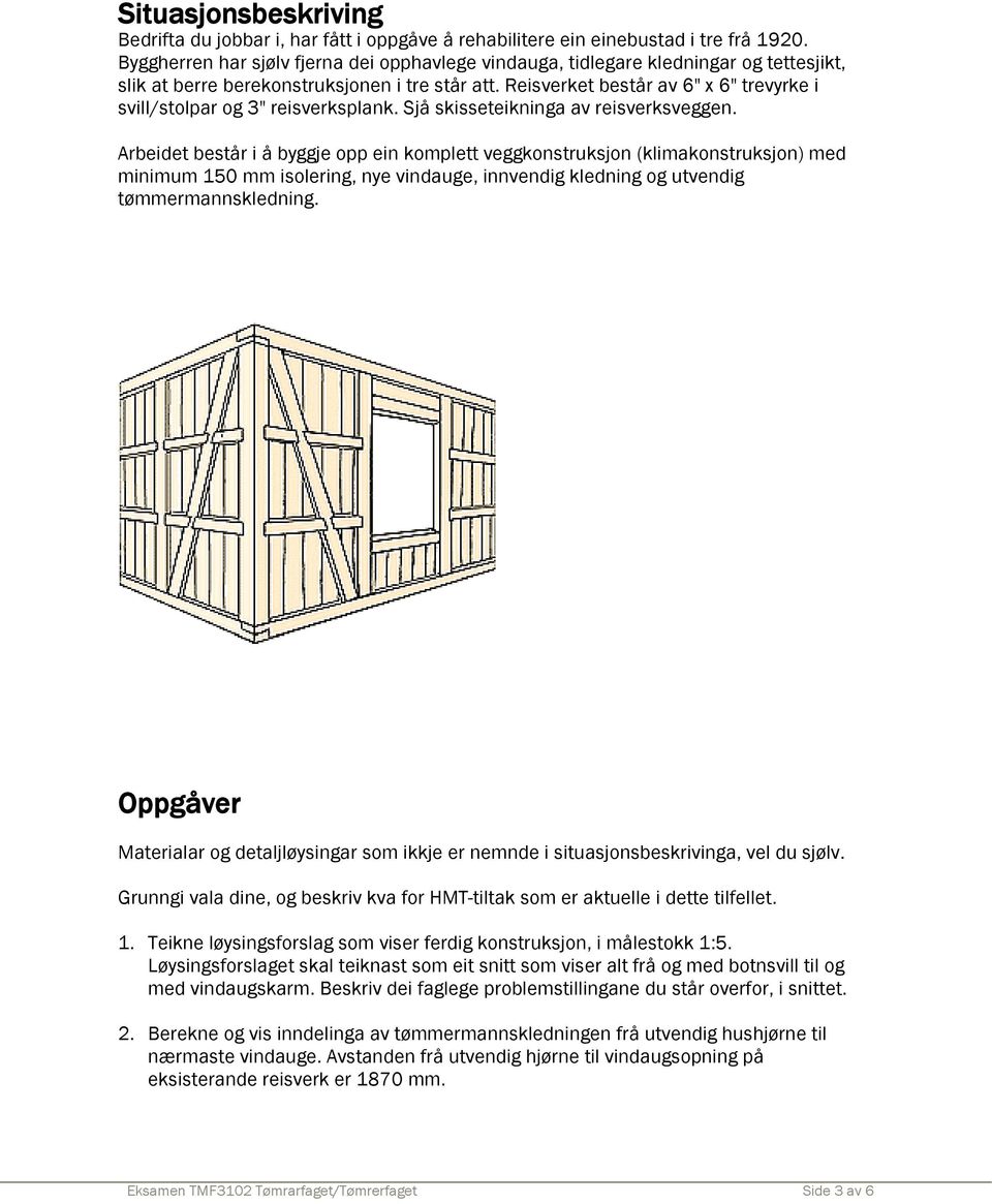 Reisverket består av 6" x 6" trevyrke i svill/stolpar og 3" reisverksplank. Sjå skisseteikninga av reisverksveggen.