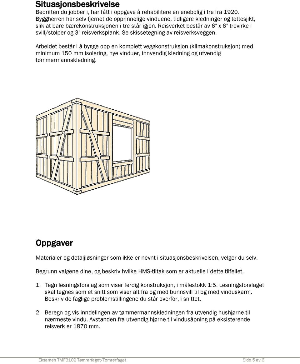 Reisverket består av 6" x 6" trevirke i svill/stolper og 3" reisverksplank. Se skissetegning av reisverksveggen.