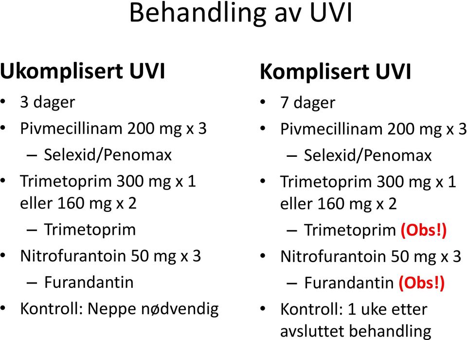Komplisert UVI 7 dager Pivmecillinam 200 mg x 3 Selexid/Penomax Trimetoprim 300 mg x 1 eller 160 mg x