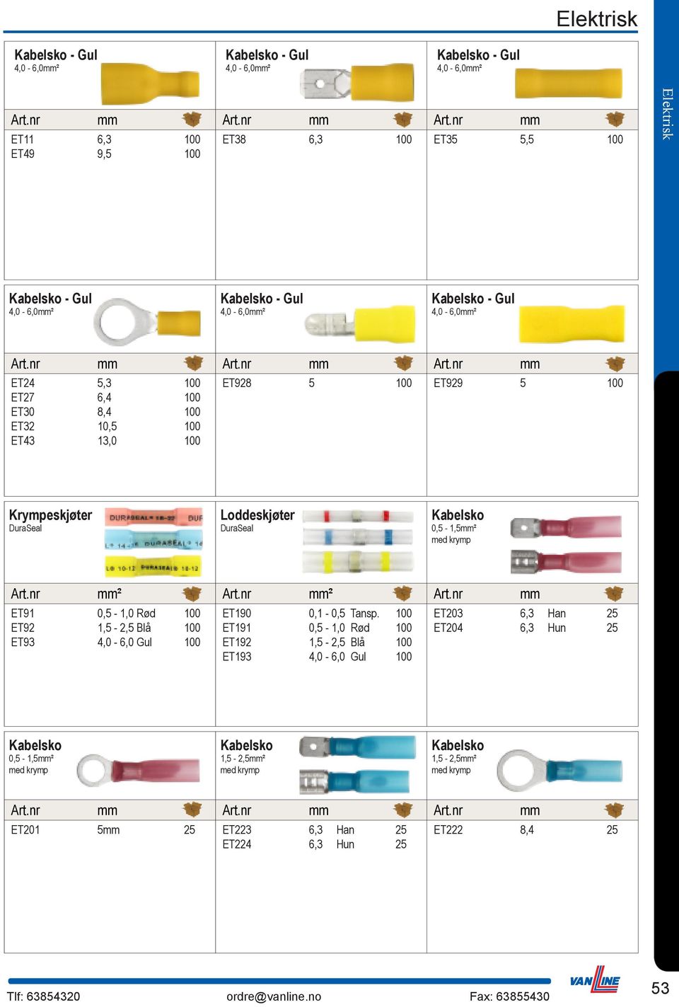 Kabelsko 0,5-1,5mm² med krymp mm² mm² mm ET91 0,5-1,0 Rød 100 ET92 1,5-2,5 Blå 100 ET93 4,0-6,0 Gul 100 ET190 0,1-0,5 Tansp.