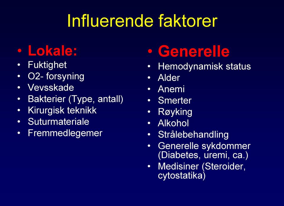 Hemodynamisk status Alder Anemi Smerter Røyking Alkohol Strålebehandling