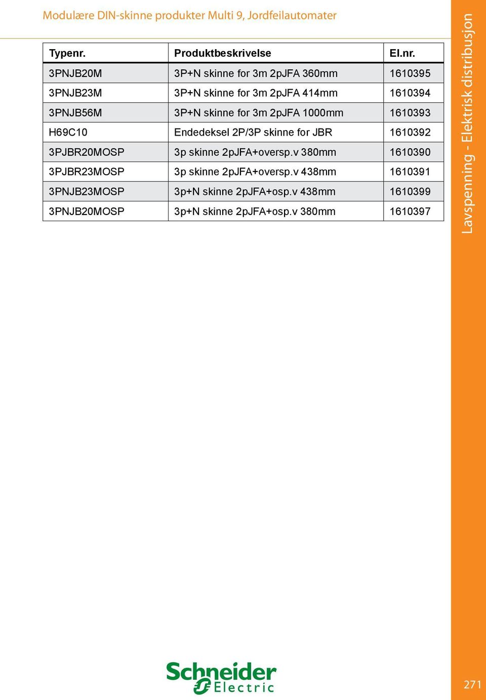 1610392 3PJBR20MOSP 3p skinne 2pJFA+oversp.v 380mm 1610390 3PJBR23MOSP 3p skinne 2pJFA+oversp.