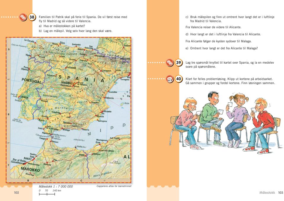 Fra Alicante følger de kysten sydover til Malaga. e) Omtrent hvor langt er det fra Alicante til Malaga? 39 Lag tre spørsmål knyttet til kartet over Spania, og la en medelev svare på spørsmålene.