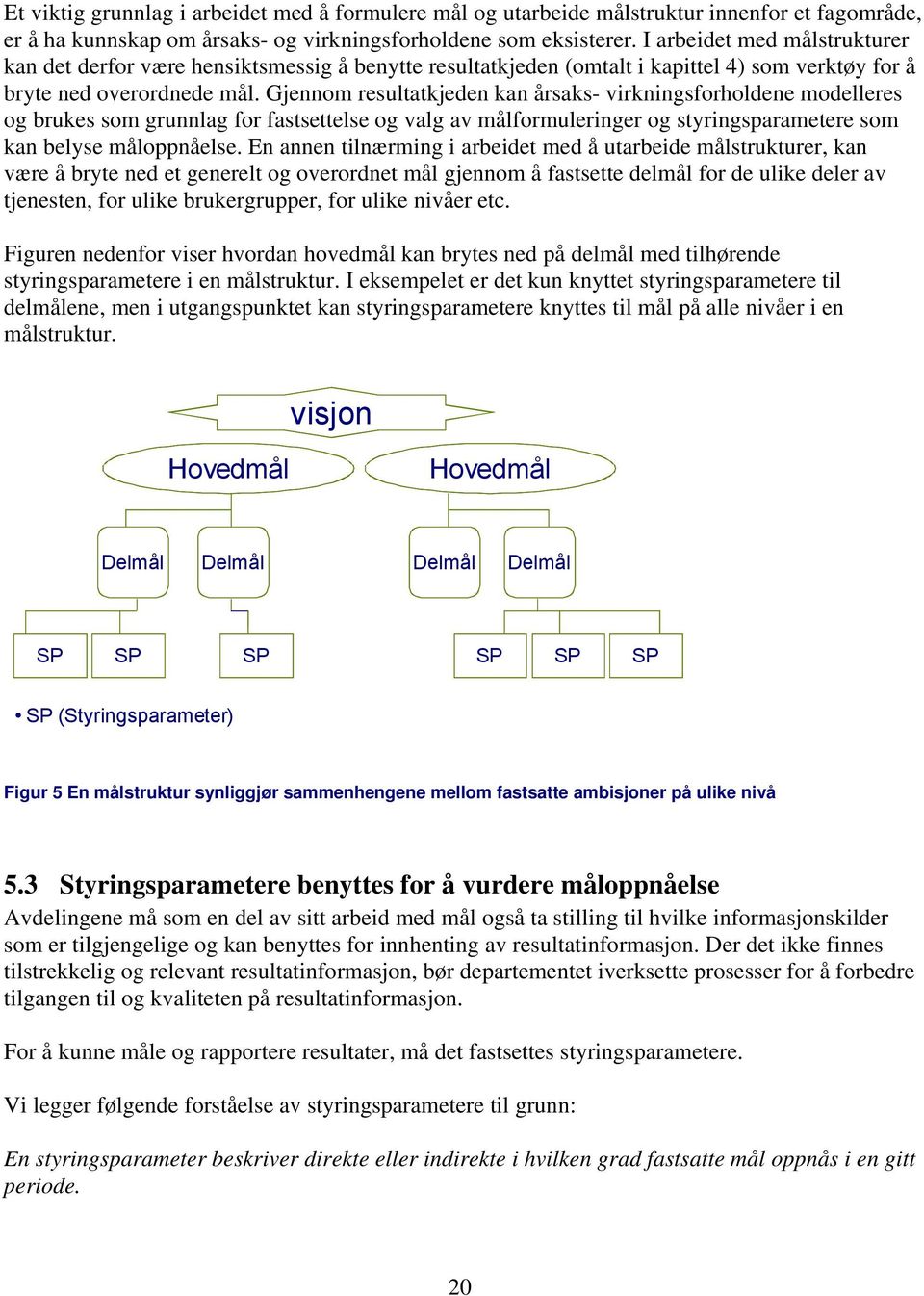 Gjennom resultatkjeden kan årsaks- virkningsforholdene modelleres og brukes som grunnlag for fastsettelse og valg av målformuleringer og styringsparametere som kan belyse måloppnåelse.