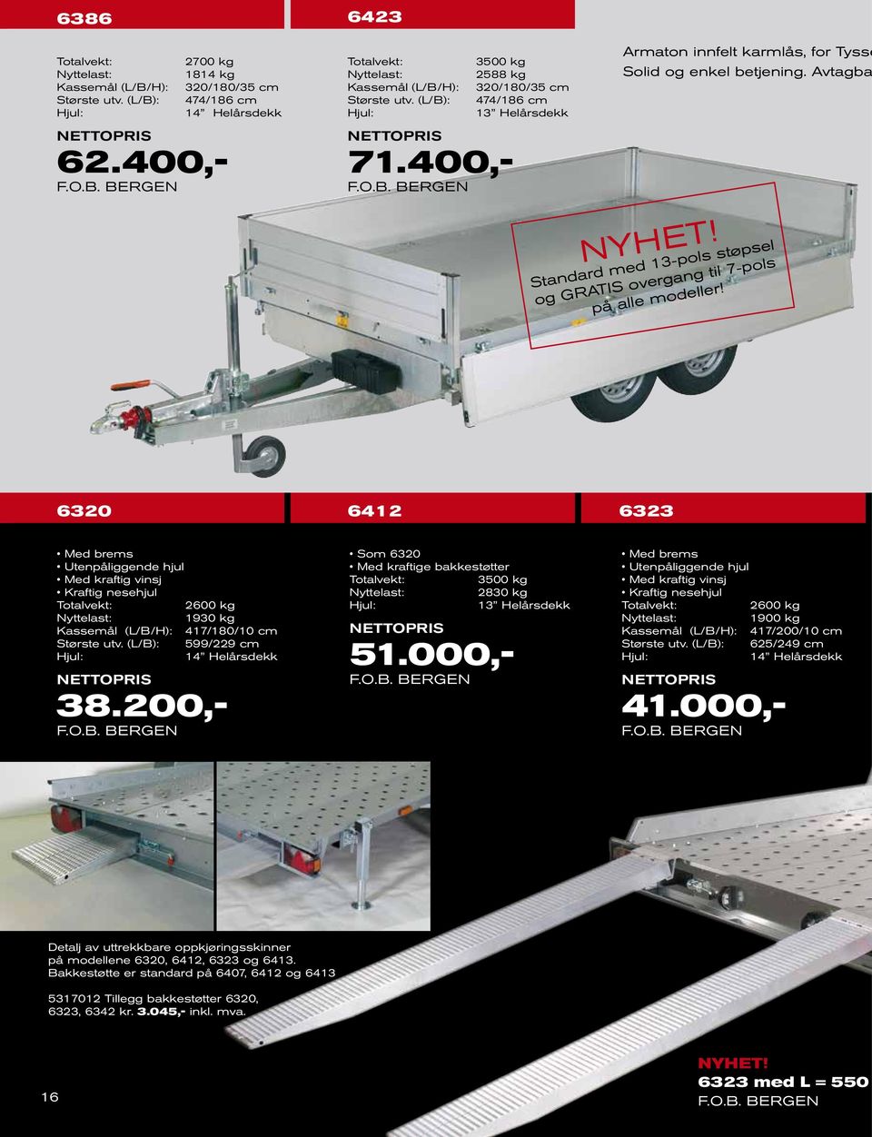 6320 6412 6323 Utenpåliggende hjul Med kraftig vinsj 2600 kg 1930 kg Kassemål (L/B/H): 417/180/10 cm Største utv. (L/B): 599/229 cm 14 Helårsdekk 38.
