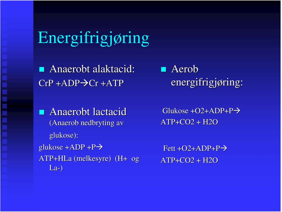 +ADP +P ATP+HLa (melkesyre) (H+ og La-) Aerob