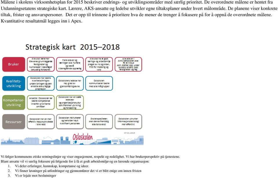 Det er opp til trinnene å prioritere hva de mener de trenger å fokusere på for å oppnå de overordnete målene. Kvantitative resultatmål legges inn i Apex.