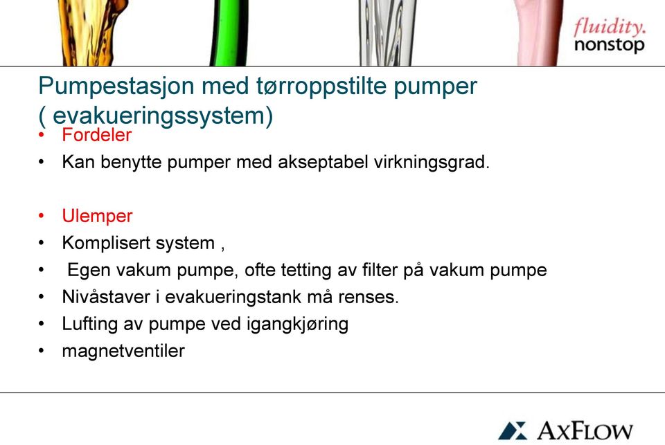 Ulemper Komplisert system, Egen vakum pumpe, ofte tetting av filter på