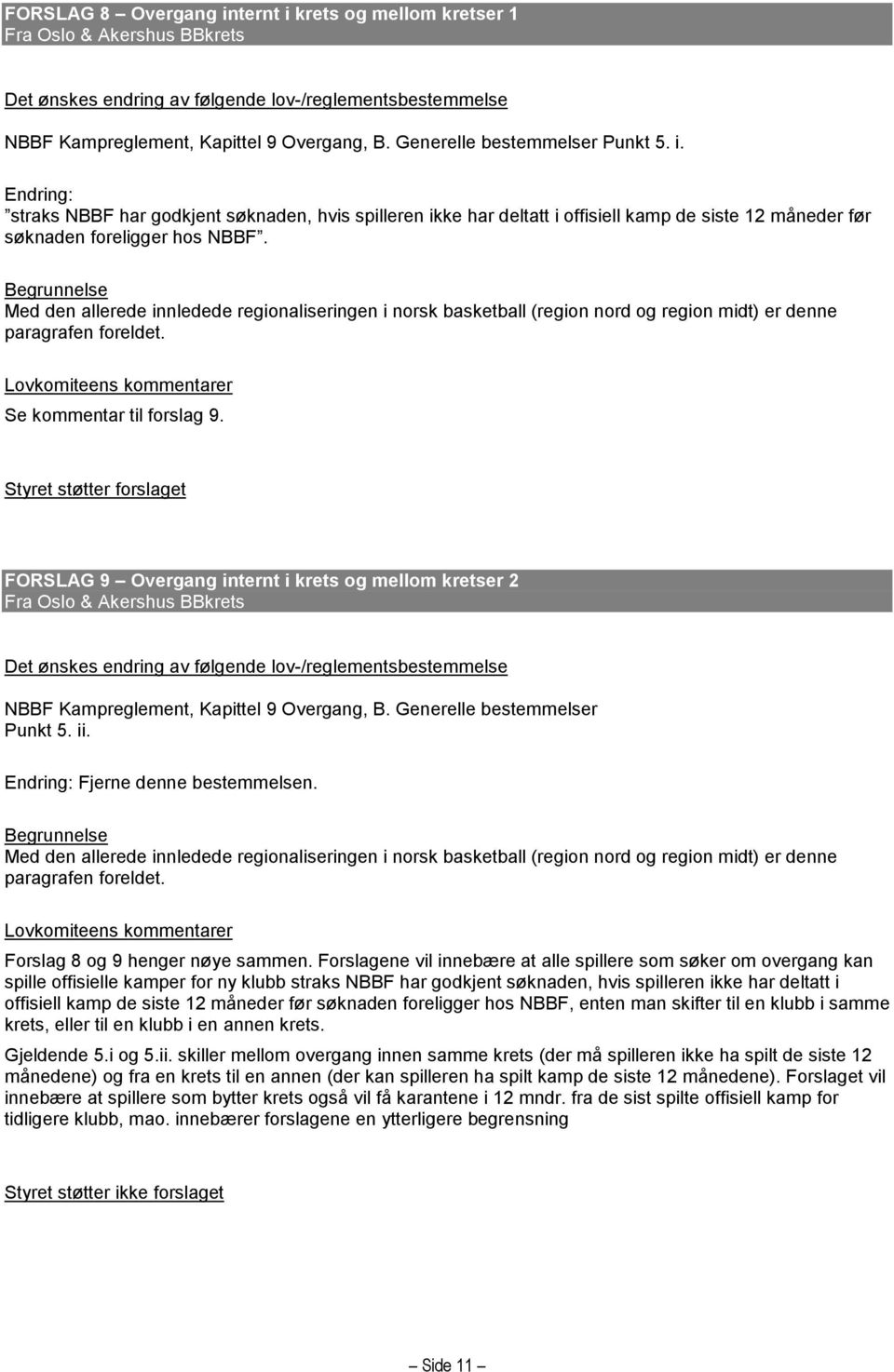 Styret støtter forslaget FORSLAG 9 Overgang internt i krets og mellom kretser 2 Fra Oslo & Akershus BBkrets NBBF Kampreglement, Kapittel 9 Overgang, B. Generelle bestemmelser Punkt 5. ii.