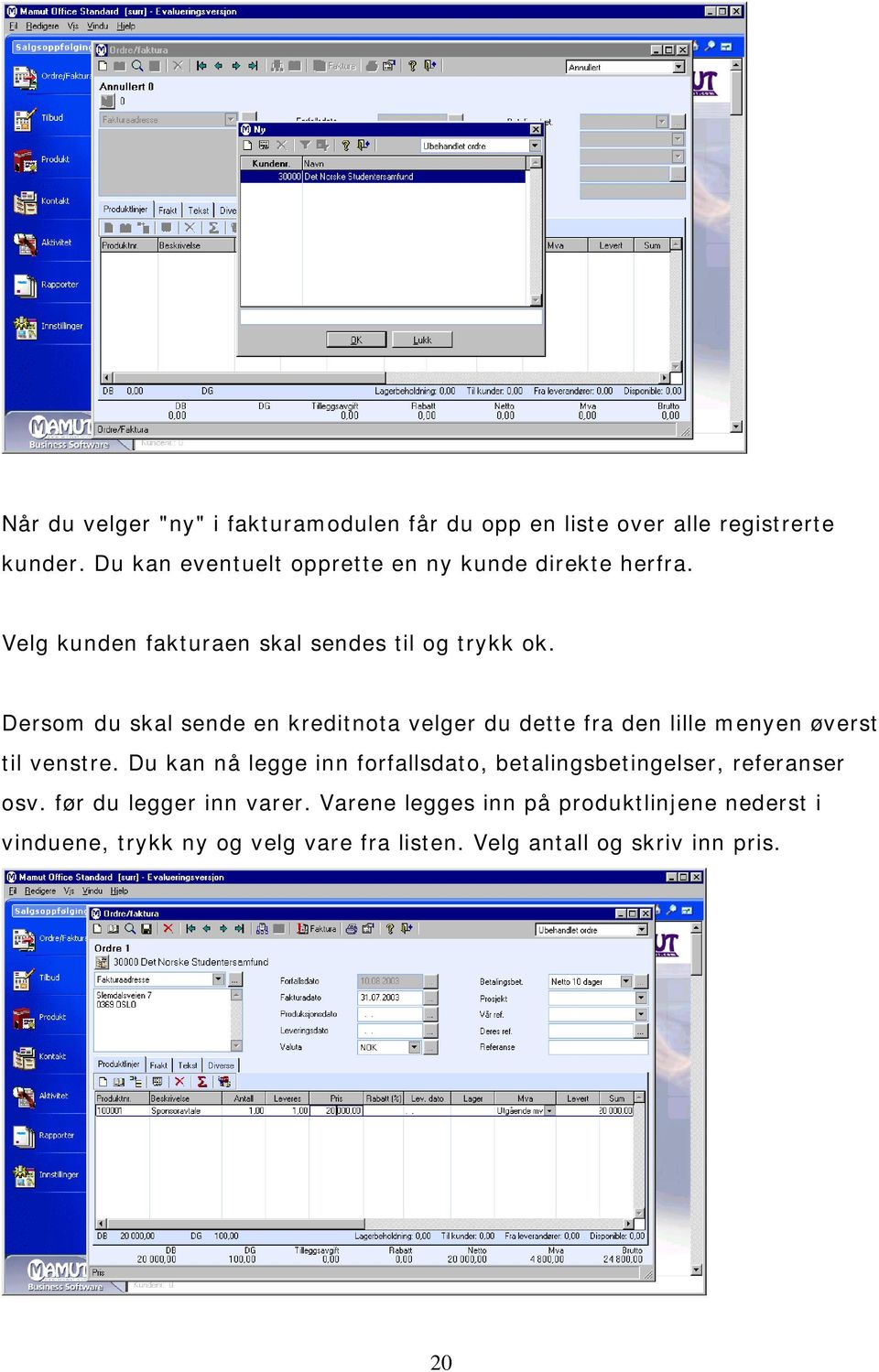 Dersom du skal sende en kreditnota velger du dette fra den lille menyen øverst til venstre.