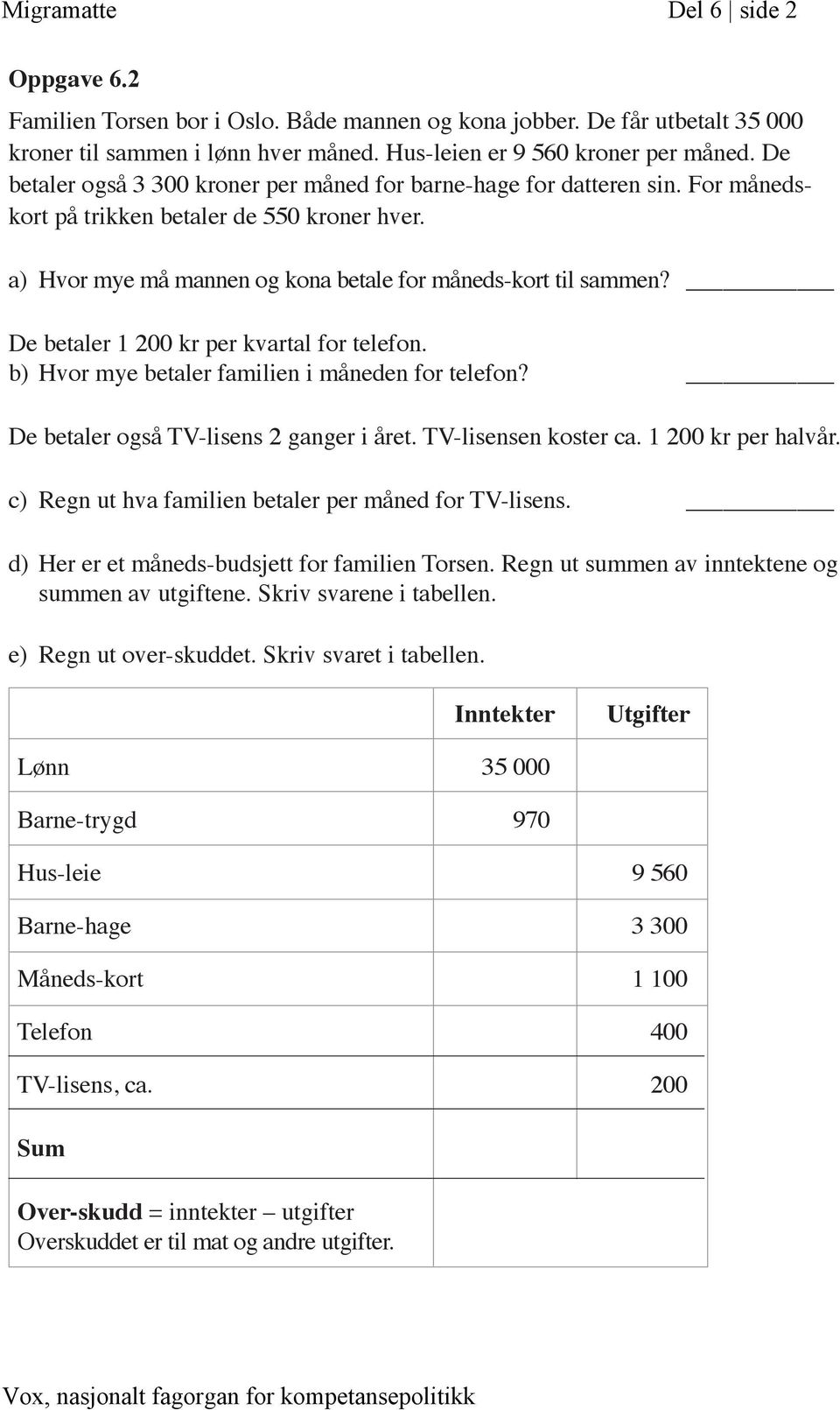 De betaler 1 200 kr per kvartal for telefon. b) Hvor mye betaler familien i måneden for telefon? De betaler også TV-lisens 2 ganger i året. TV-lisensen koster ca. 1 200 kr per halvår.