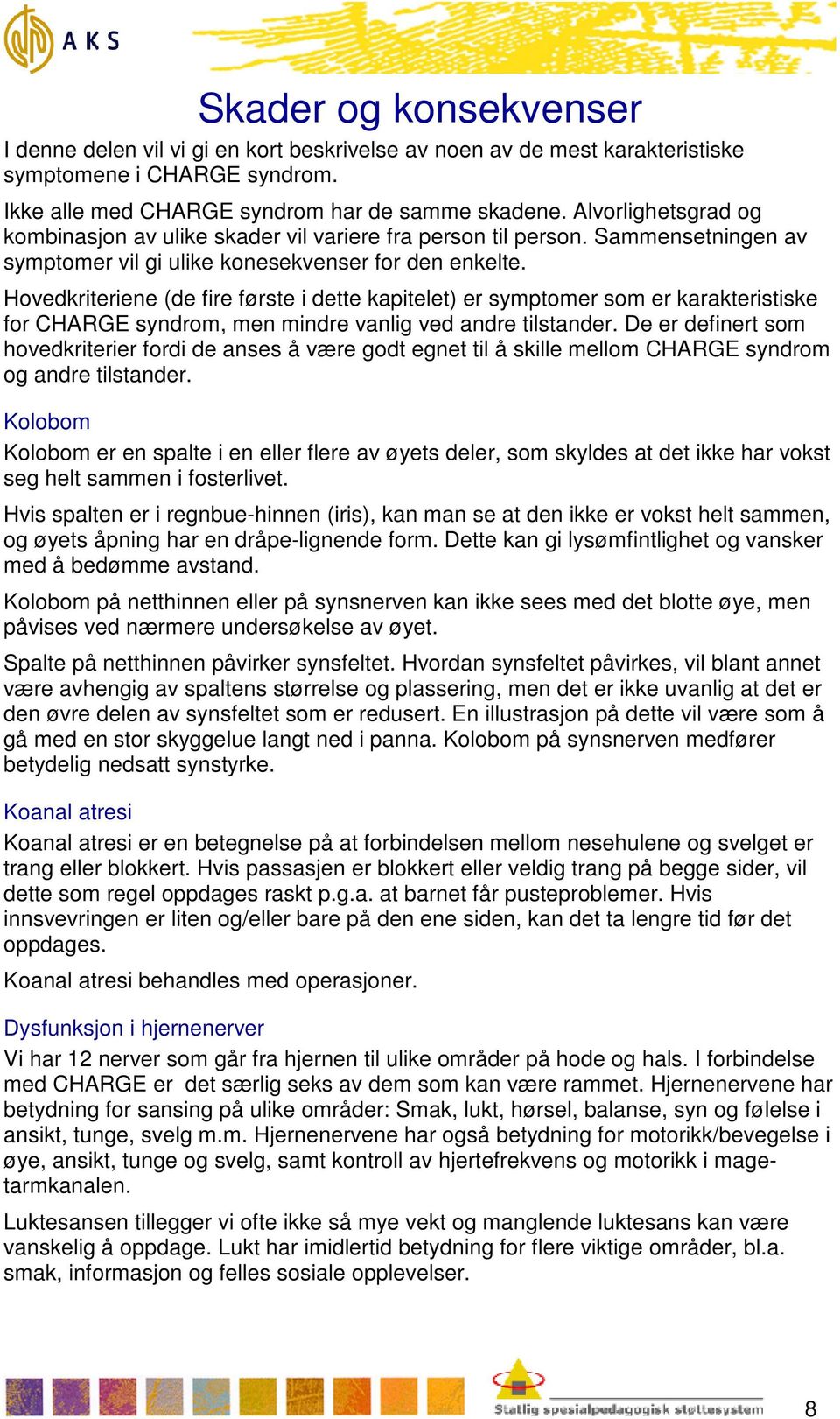 Hovedkriteriene (de fire første i dette kapitelet) er symptomer som er karakteristiske for CHARGE syndrom, men mindre vanlig ved andre tilstander.