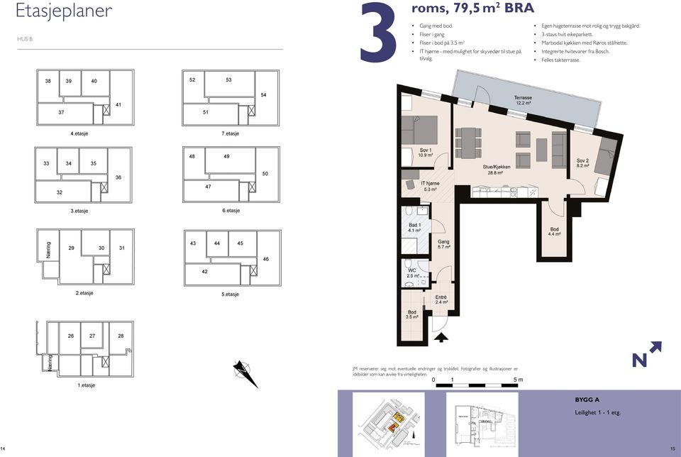 Integrerte hvitevarer fra Bosch. Sydvestvendt balkong mot rolig innergård. Felles takterrasse. 4roms, 109 m2 BRA Leilighet 12 Gang med god oppbevaring i bod. Eget bad på Sov 1 og skyvedørsgarderobe.