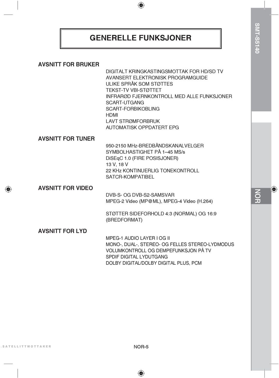 0 (FIRE POSISJONER) 13 V, 18 V 22 KHz KONTINUERLIG TONEKONTROLL SATCR-KOMPATIBEL DVB-S- OG DVB-S2-SAMSVAR MPEG-2 Video (MP@ML), MPEG-4 Video (H.