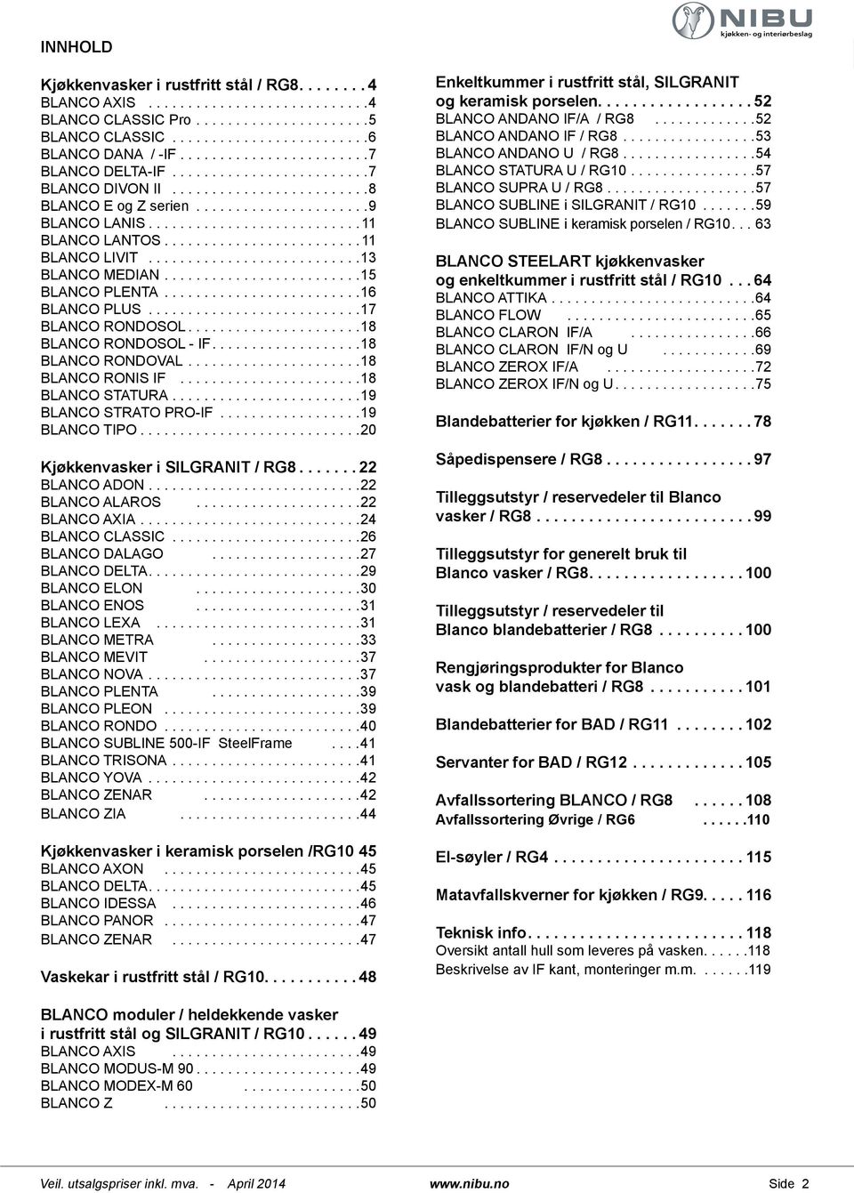 ...18 BLANCO RONDOVAL...18 BLANCO RONIS IF...18 BLANCO STATURA...19 BLANCO STRATO PRO-IF...19 BLANCO TIPO...20 Kjøkkenvasker i SILGRANIT / RG8... 22 BLANCO ADON....22 BLANCO ALAROS...22 BLANCO AXIA.