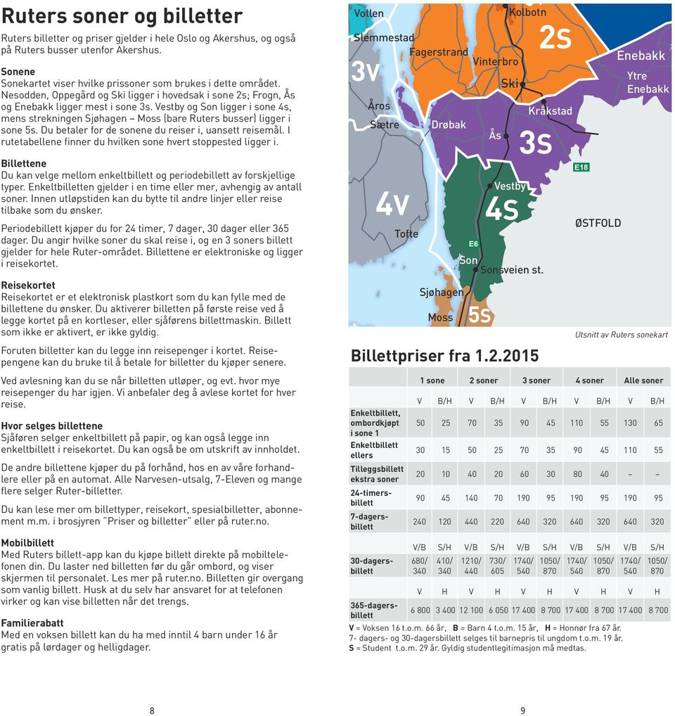 Vestby og Son ligger i sone 4s, mens strekningen Sjøhagen Moss (bare Ruters busser) ligger i sone 5s. Du betaler for de sonene du reiser i, uansett reisemål.
