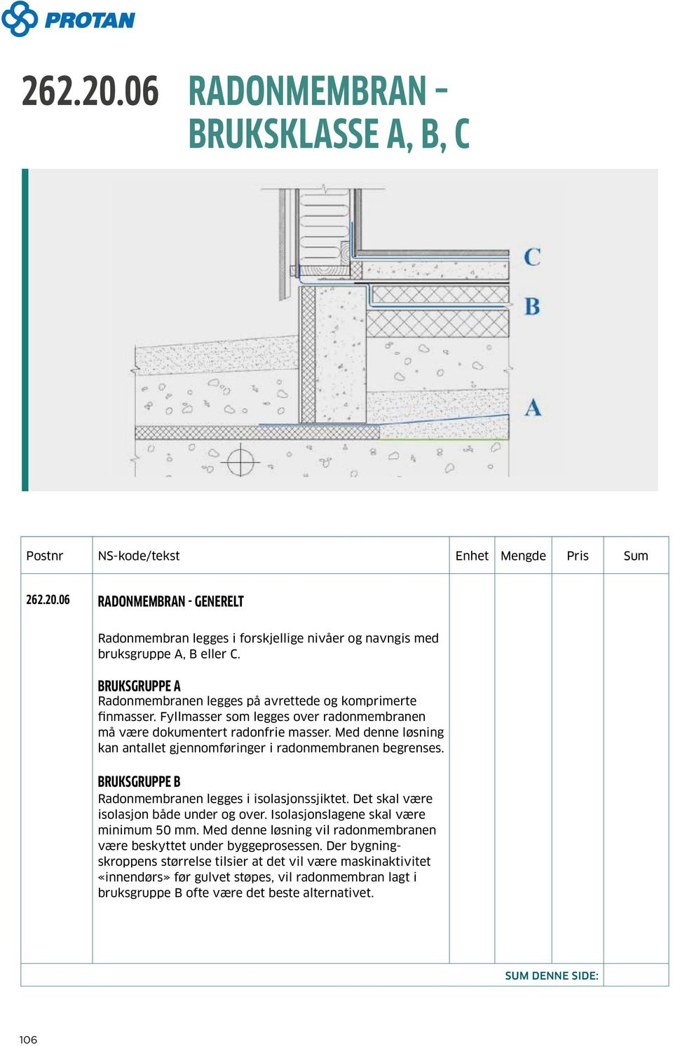 Med denne løsning kan antallet gjennomføringer i radonmembranen begrenses. BRUKSGRUPPE B Radonmembranen legges i isolasjonssjiktet. Det skal være isolasjon både under og over.