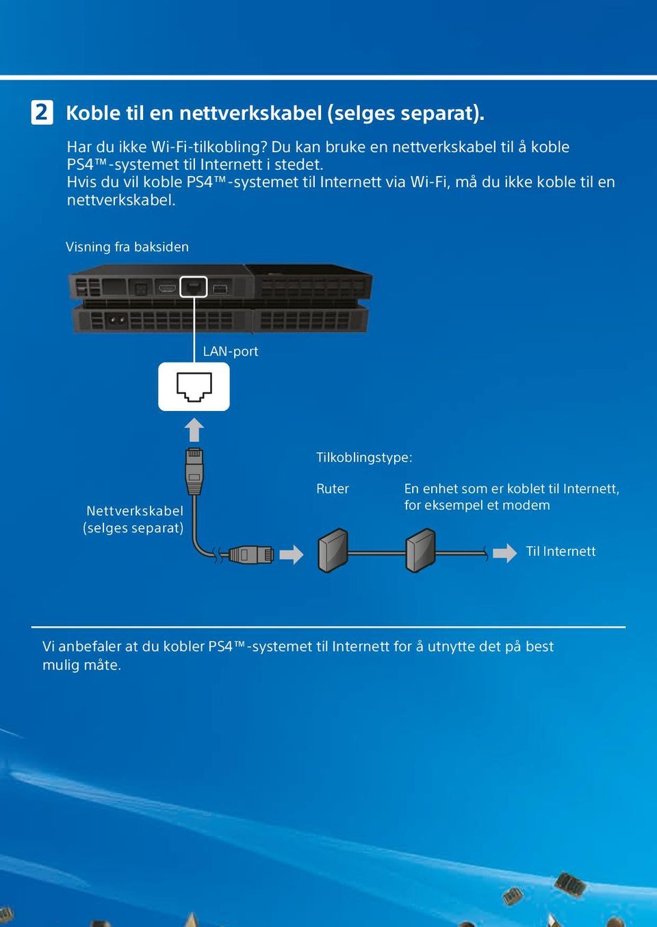 Hvis du vil koble PS4 -systemet til Internett via Wi-Fi, må du ikke koble til en nettverkskabel.