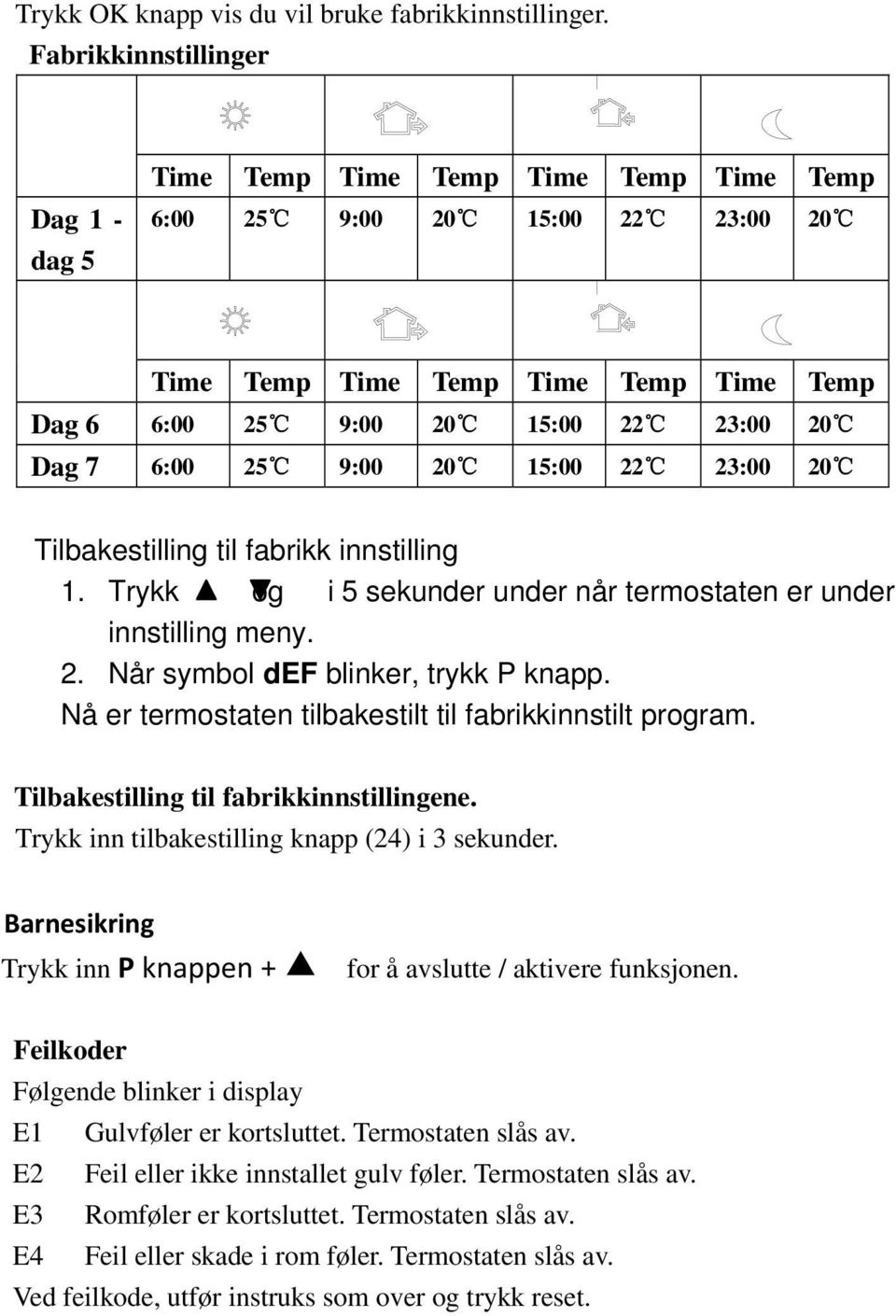 25 9:00 20 15:00 22 23:00 20 Tilbakestilling til fabrikk innstilling 1. Trykk og i 5 sekunder under når termostaten er under innstilling meny. 2. Når symbol def blinker, trykk P knapp.