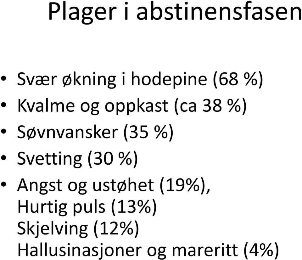 Svetting (30 %) Angst og ustøhet (19%), Hurtig puls