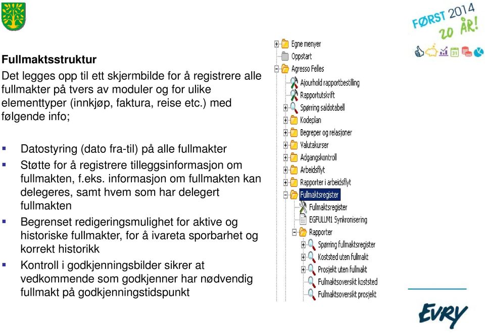 eks. informasjon om fullmakten kan delegeres, samt hvem som har delegert fullmakten Begrenset redigeringsmulighet for aktive og historiske