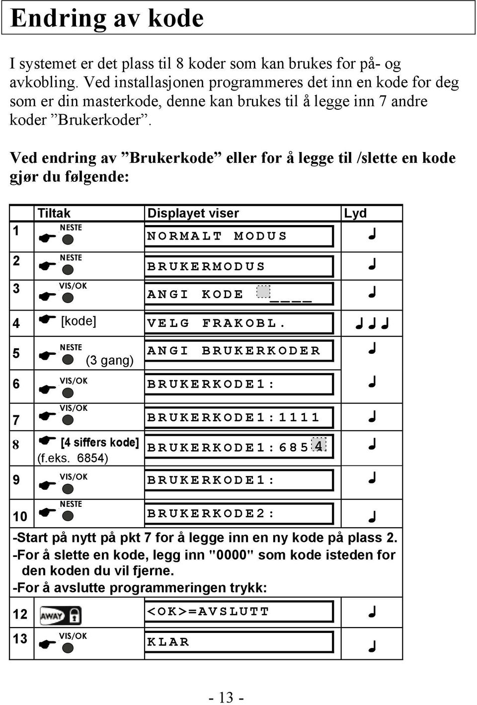 Ved endring av Brukerkode eller for å legge til /slette en kode gjør du følgende: 1 2 3 Tiltak Displayet viser Lyd NESTE NESTE N O R M A L T M O D U S B R U K E R M O D U S A N G I K O D E 4 [kode] V