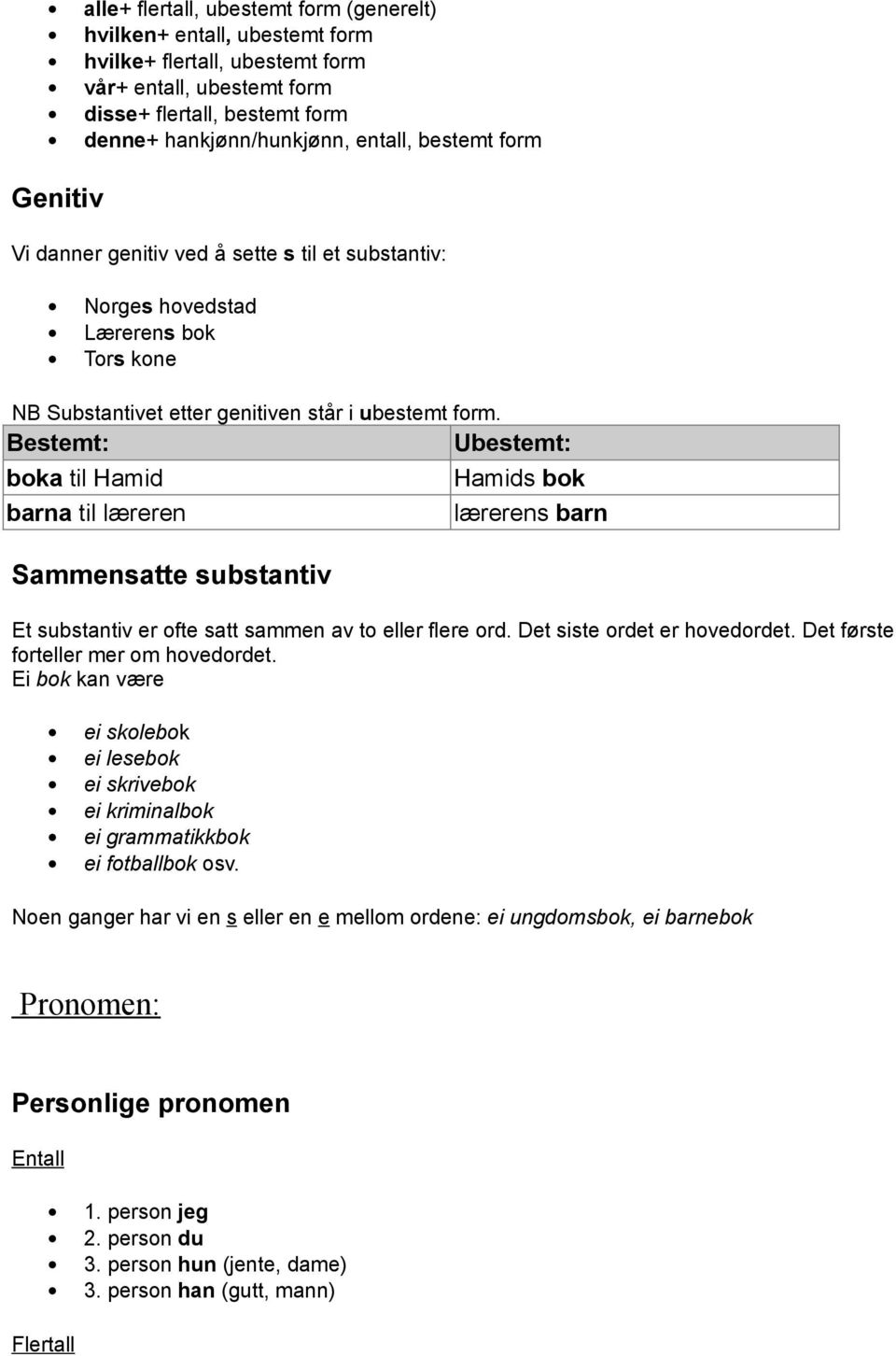 Bestemt: Ubestemt: boka til Hamid barna til læreren Sammensatte substantiv Hamids bok lærerens barn Et substantiv er ofte satt sammen av to eller flere ord. Det siste ordet er hovedordet.