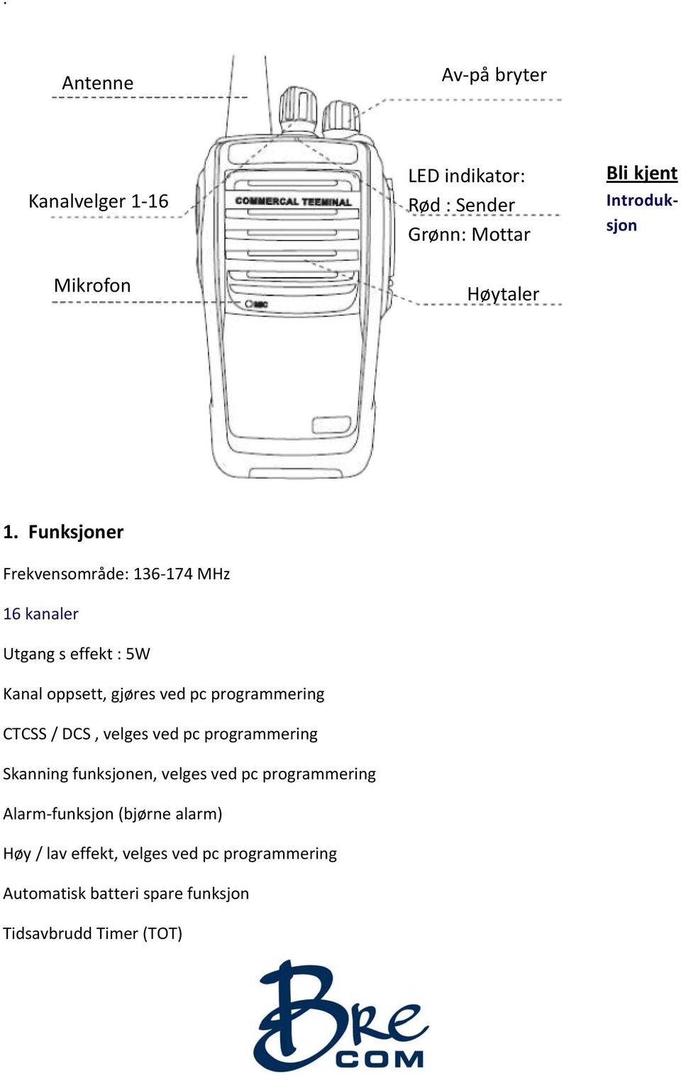 Funksjoner Frekvensområde: 136 174 MHz 16 kanaler Utgang s effekt : 5W Kanal oppsett, gjøres ved pc programmering