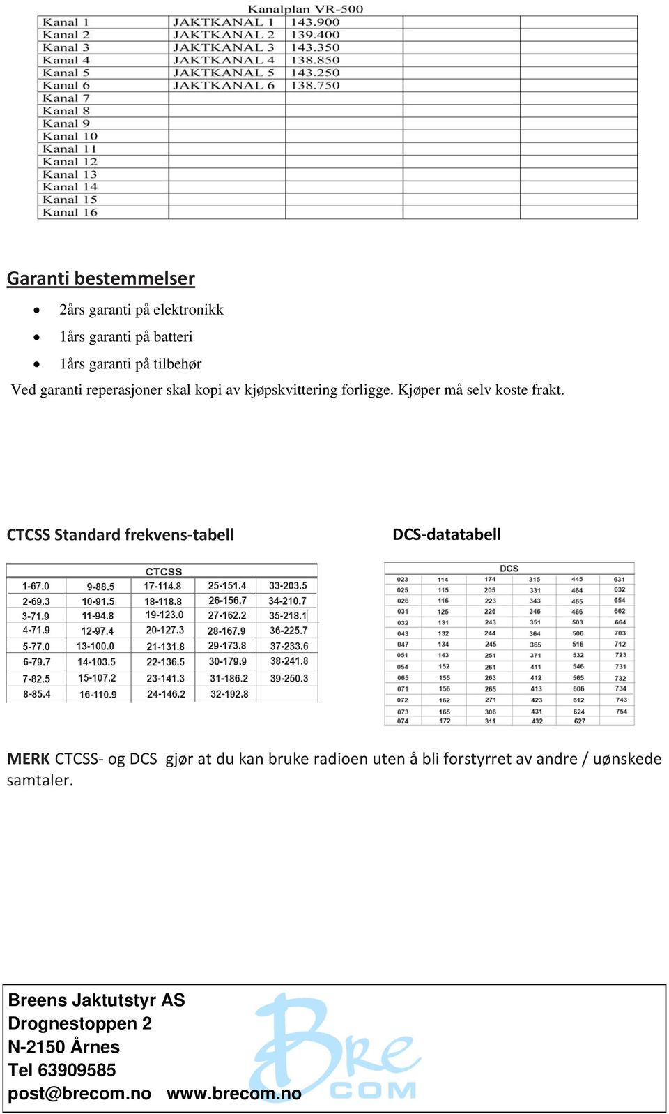 CTCSS Standard frekvens tabell DCS datatabell MERK CTCSS og DCS gjør at du kan bruke radioen uten å bli