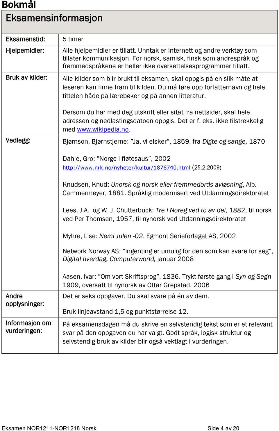 Alle kilder som blir brukt til eksamen, skal oppgis på en slik måte at leseren kan finne fram til kilden. Du må føre opp forfatternavn og hele tittelen både på lærebøker og på annen litteratur.