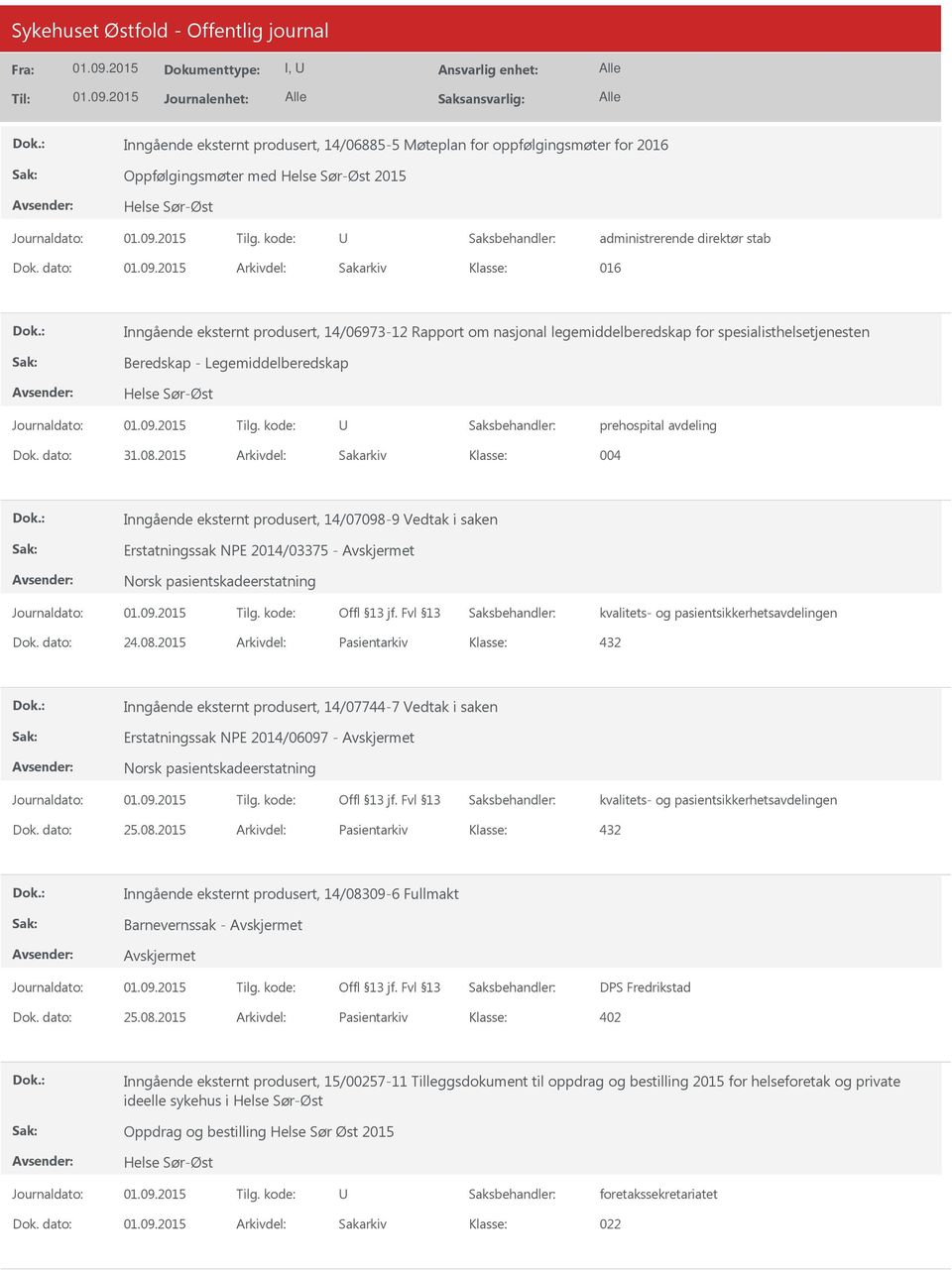 avdeling 004 Inngående eksternt produsert, 14/07098-9 Vedtak i saken Erstatningssak NPE 2014/03375 - Norsk pasientskadeerstatning kvalitets- og pasientsikkerhetsavdelingen Dok. dato: 24.08.