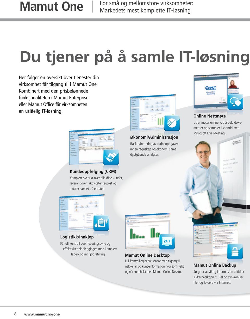 Online Nettmøte Økonomi/Administrasjon Utfør møter online ved å dele dokumenter og samtaler i sanntid med Microsoft Live Meeting.