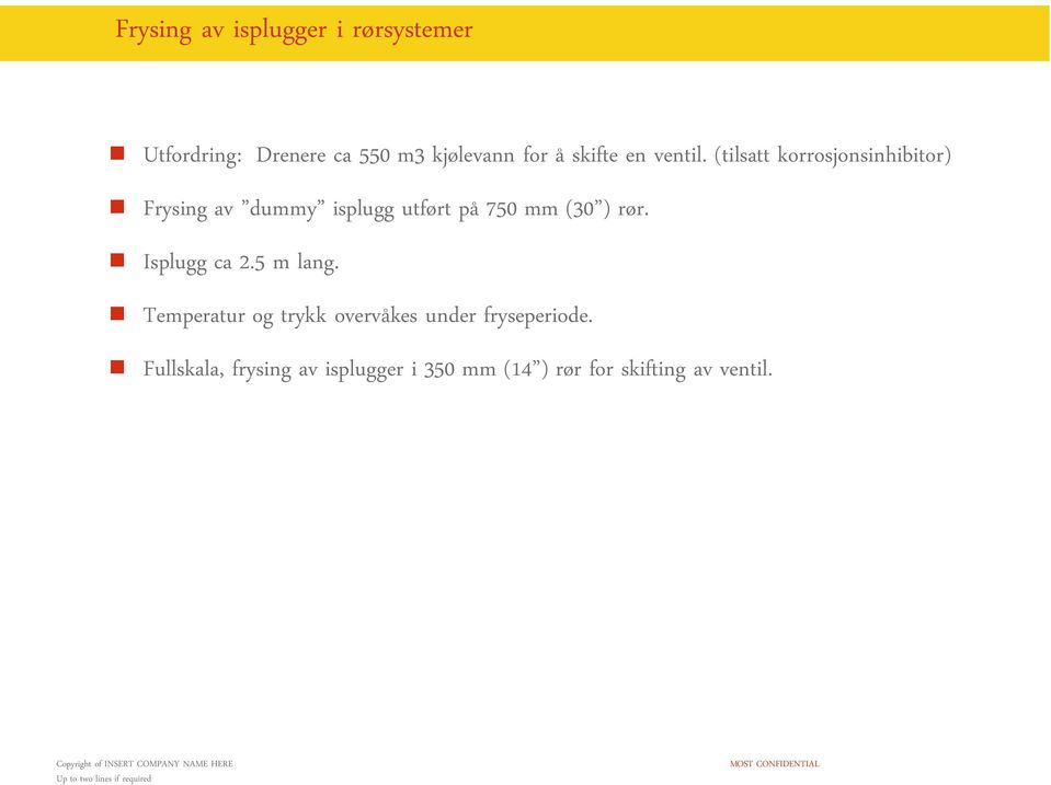 (tilsatt korrosjonsinhibitor) Frysing av dummy isplugg utført på 750 mm (30 ) rør.