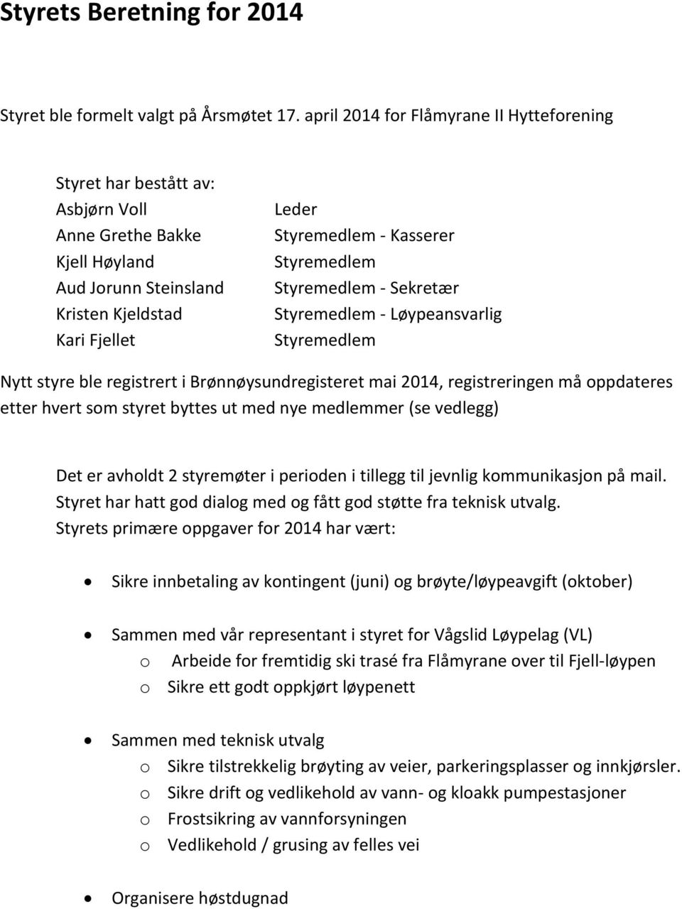 Styremedlem Styremedlem - Sekretær Styremedlem - Løypeansvarlig Styremedlem Nytt styre ble registrert i Brønnøysundregisteret mai 2014, registreringen må oppdateres etter hvert som styret byttes ut