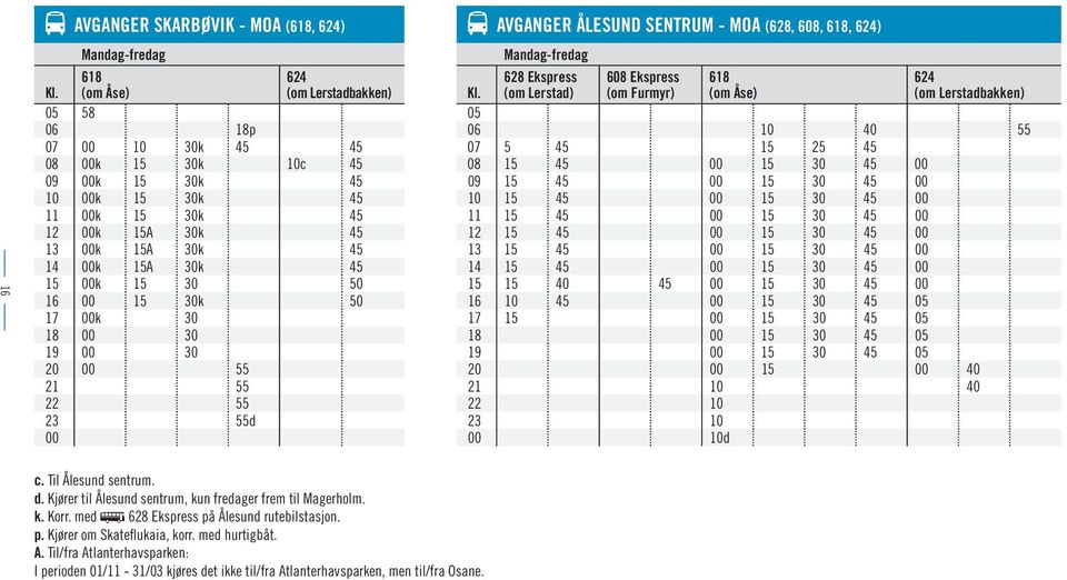 00k 15 30 50 16 00 15 30k 50 17 00k 30 18 00 30 19 00 30 20 00 55 21 55 22 55 23 55d 00 AVGANGER ÅLESUND SENTRUM - MOA (628, 608, 618, 624) Kl.