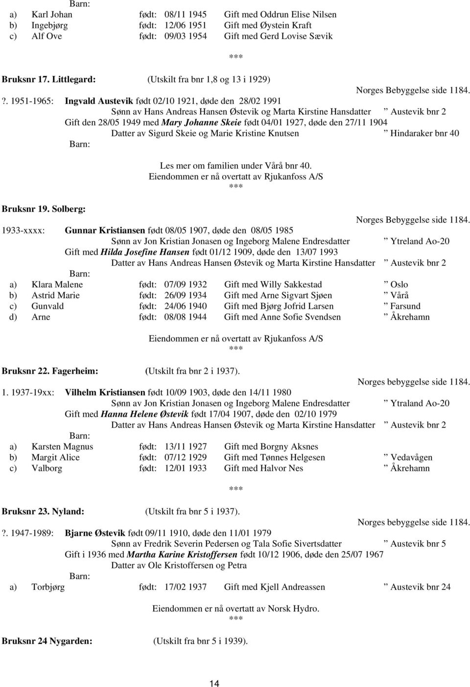 ?. 1951-1965: Ingvald Austevik født 02/10 1921, døde den 28/02 1991 Sønn av Hans Andreas Hansen Østevik og Marta Kirstine Hansdatter Austevik bnr 2 Gift den 28/05 1949 med Mary Johanne Skeie født