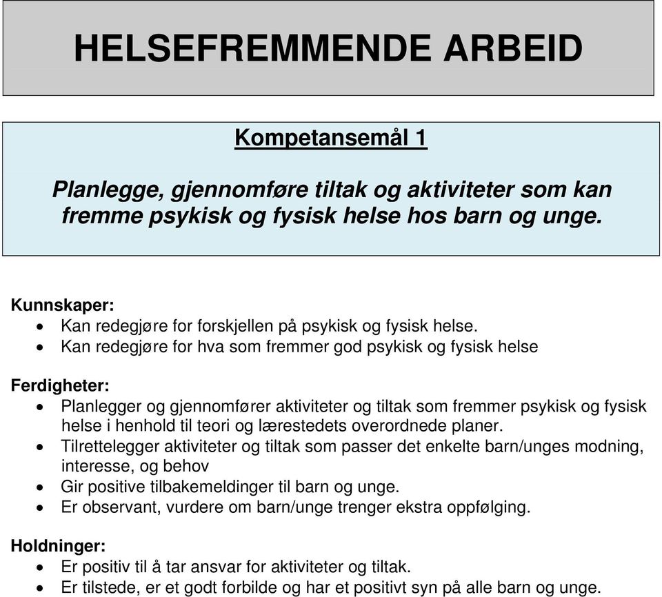 Kan redegjøre for hva som fremmer god psykisk og fysisk helse Planlegger og gjennomfører aktiviteter og tiltak som fremmer psykisk og fysisk helse i henhold til teori og lærestedets