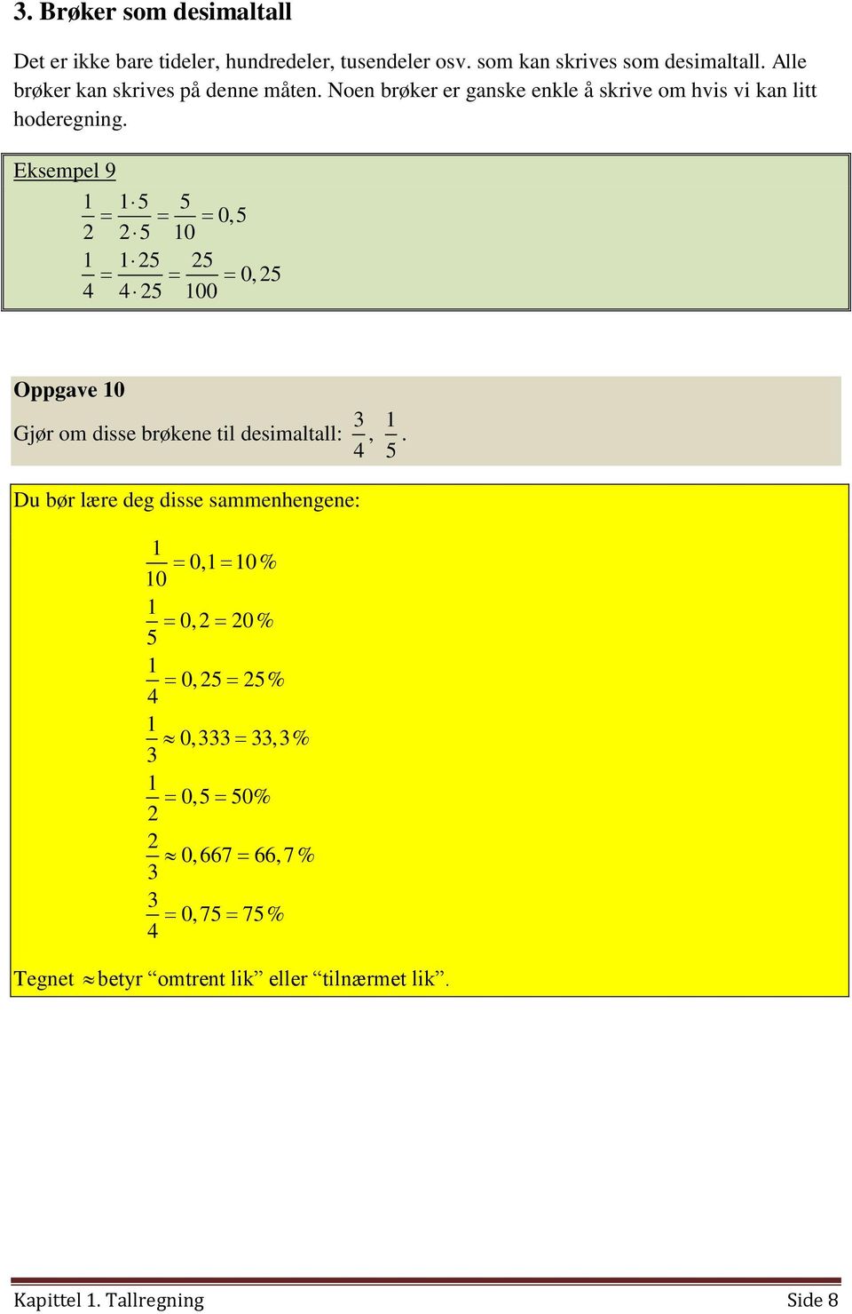 Eksempel 9 1 1 5 5 0,5 2 2 5 10 1 1 25 25 0,25 4 4 25 100 Oppgave 10 Gjør om disse brøkene til desimaltall: 3, 1 4 5.