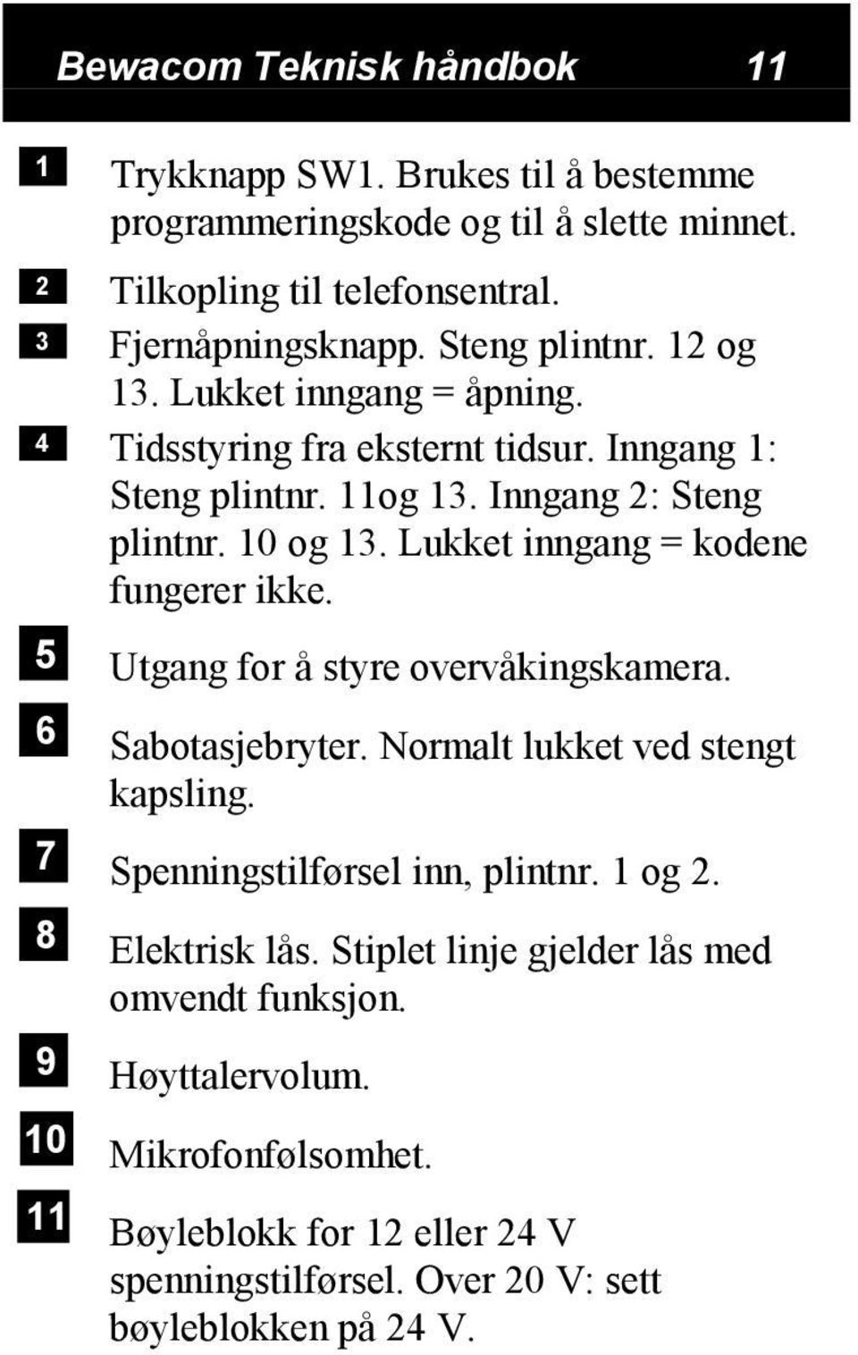 Lukket inngang = kodene fungerer ikke. 5 Utgang for å styre overvåkingskamera. 6 Sabotasjebryter. Normalt lukket ved stengt kapsling. 7 Spenningstilførsel inn, plintnr.