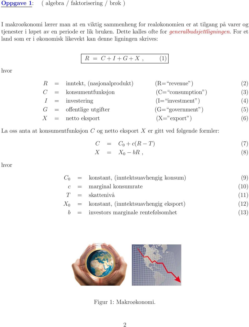 For et land som er i økonomisk likevekt kan denne ligningen skrives: R = C +I +G+X, (1) hvor R = inntekt, (nasjonalprodukt) (R= revenue ) (2) C = konsumentfunksjon (C= consumption ) (3) I =