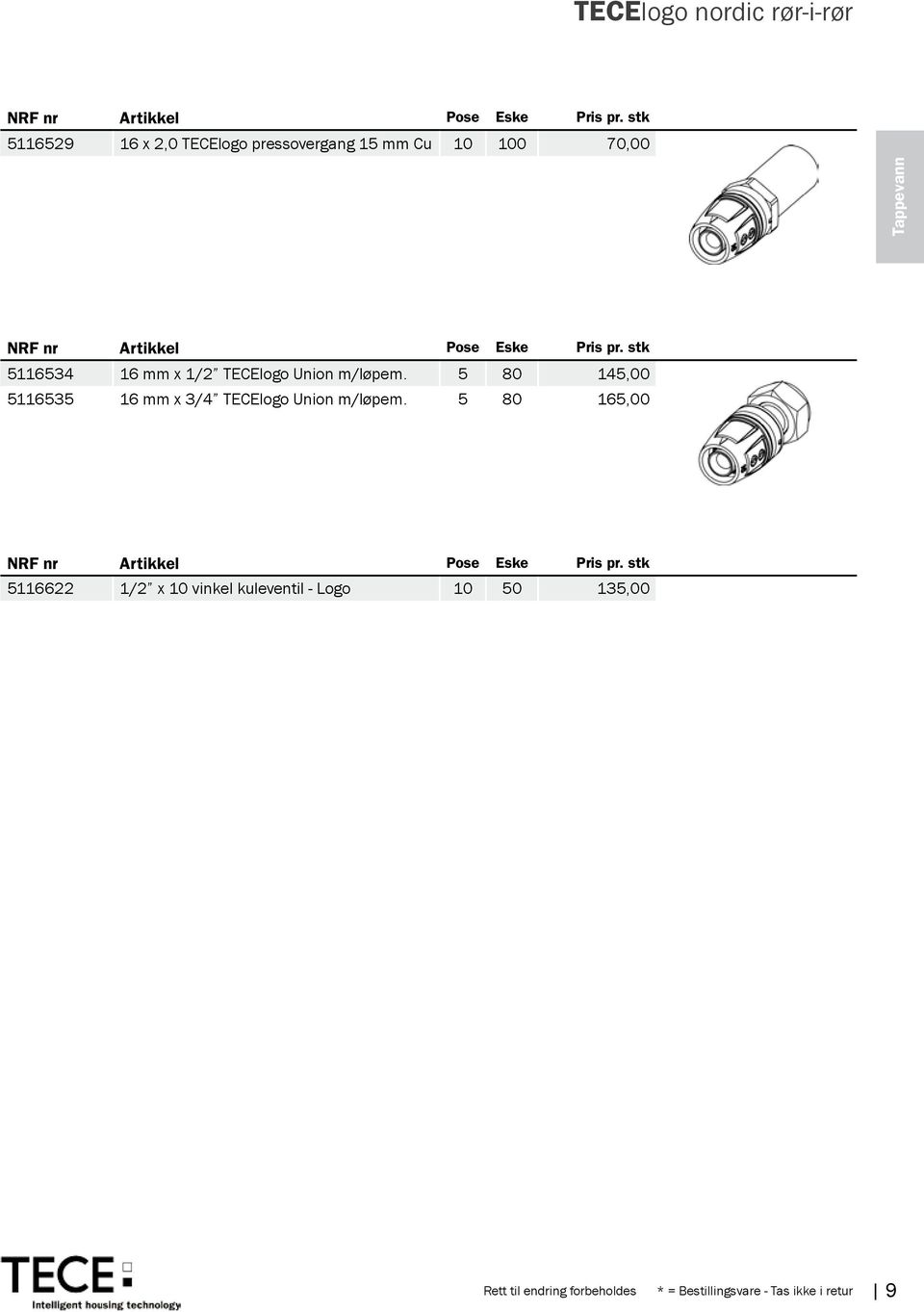 stk 5116534 16 mm x 1/2 TECElogo Union m/løpem. 5 80 145,00 5116535 16 mm x 3/4 TECElogo Union m/løpem.
