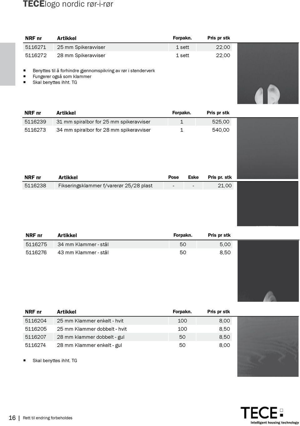 ihht. TG NRF nr Artikkel Forpakn. Pris pr stk 5116239 31 mm spiralbor for 25 mm spikeravviser 1 525,00 5116273 34 mm spiralbor for 28 mm spikeravviser 1 540,00 NRF nr Artikkel Pose Eske Pris pr.