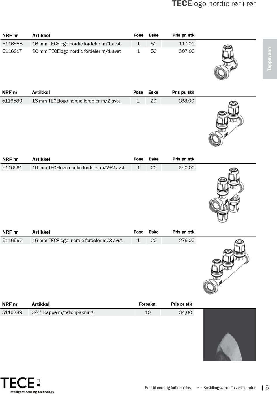 stk 5116589 16 mm TECElogo nordic fordeler m/2 avst. 1 20 188,00 NRF nr Artikkel Pose Eske Pris pr. stk 5116591 16 mm TECElogo nordic fordeler m/2+2 avst.