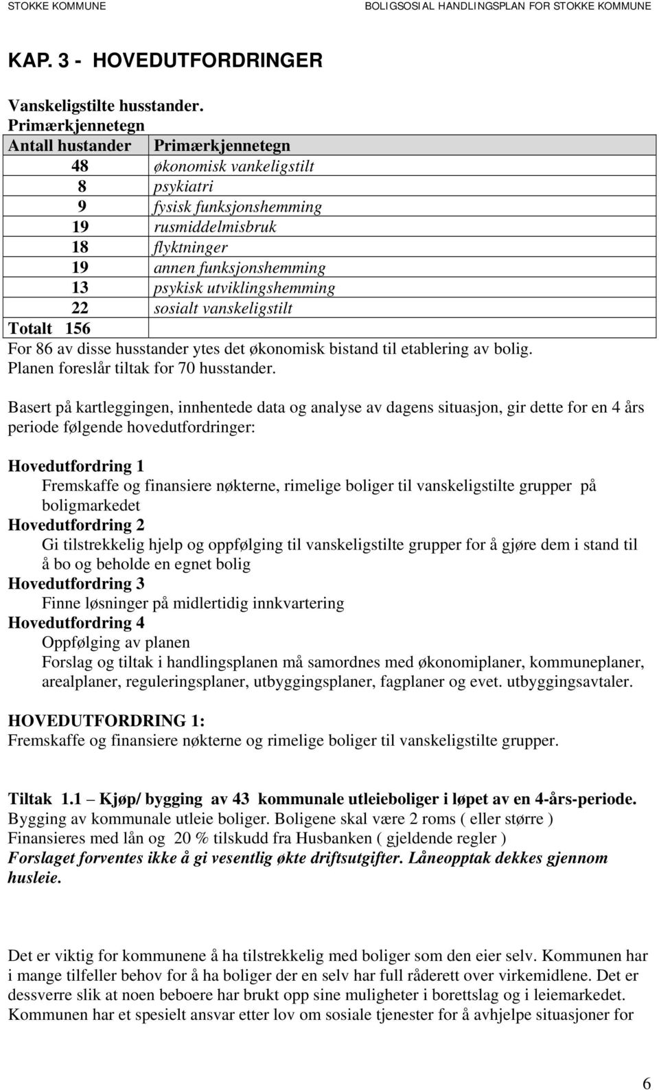 utviklingshemming 22 sosialt vanskeligstilt Totalt 156 For 86 av disse husstander ytes det økonomisk bistand til etablering av bolig. Planen foreslår tiltak for 70 husstander.