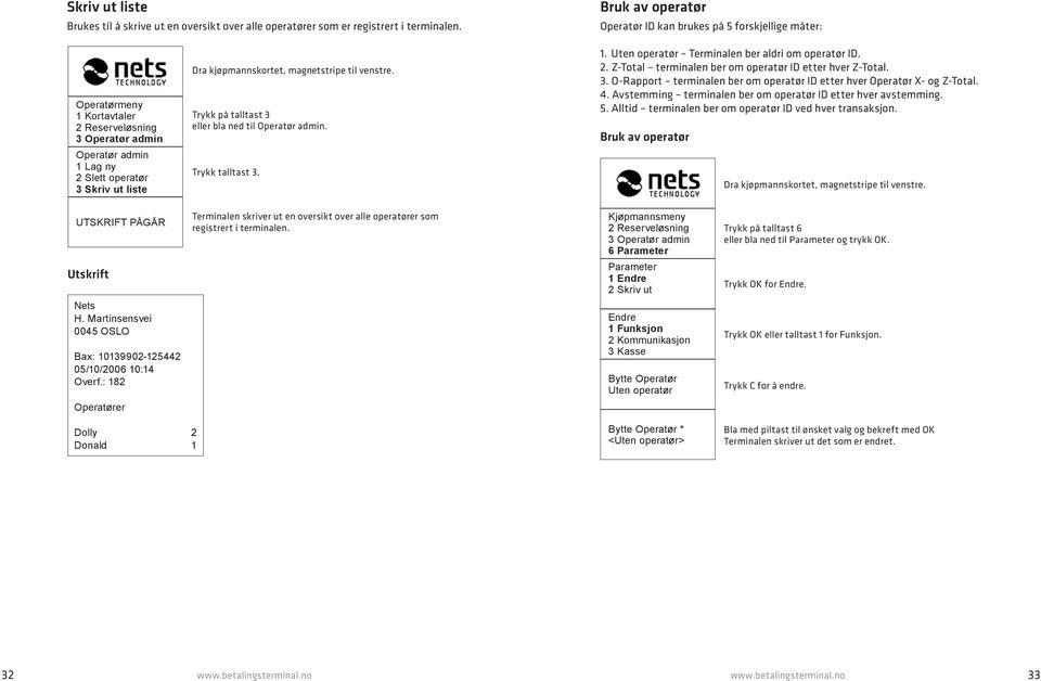 kjøpmannskortet, magnetstripe til venstre. Trykk på talltast 3 eller bla ned til Operatør admin. Trykk talltast 3. 1. Uten operatør Terminalen ber aldri om operatør ID. 2.