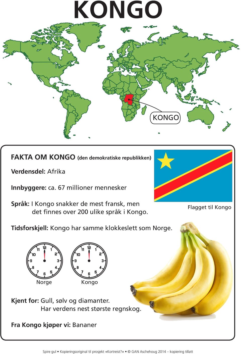 Flagget til Kongo Tidsforskjell: Kongo har samme klokkeslett som Norge. Norge Kongo Kjent for: Gull, sølv og diamanter.