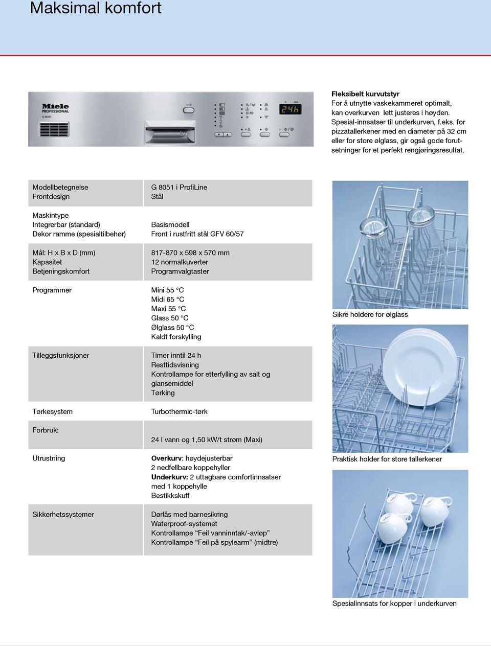 Betjeningskomfort 817-870 x 598 x 570 mm 12 normalkuverter Programvalgtaster Programmer Mini 55 C Midi 65 C Maxi 55 C Glass 50 C Ølglass 50 C Kaldt forskylling Sikre holdere for ølglass